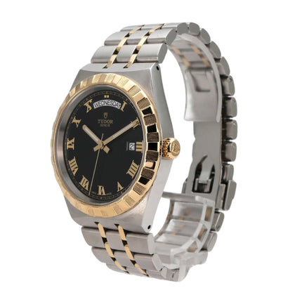 Tudor Royal Day-Date Ref. M28603-0003 Uhr mit schwarzem Zifferblatt, Gelbgold-Lünette und Edelstahl-Gelbgold Armband.