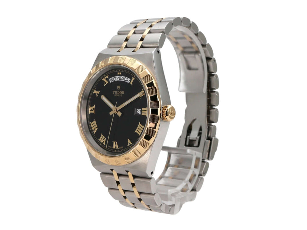 Tudor Royal Day-Date Ref. M28603-0003 Uhr mit schwarzem Zifferblatt, Gelbgold-Lünette und Edelstahl-Gelbgold Armband.