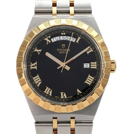 Tudor Royal Day-Date Ref. M28603-0003 mit schwarzem Zifferblatt und gelbgoldener Lünette.