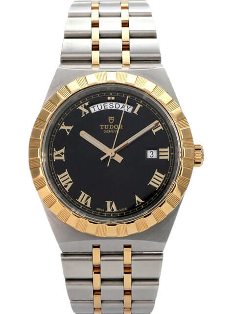 Tudor Royal Day-Date Ref. M28603-0003 mit schwarzem Zifferblatt und gelbgoldener Lünette.