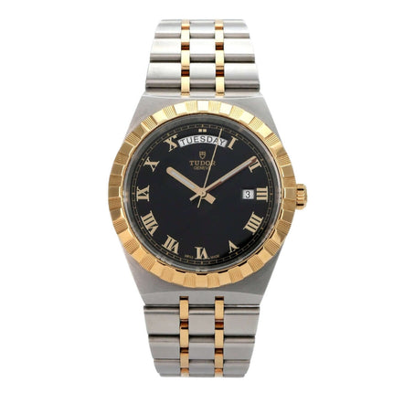 Tudor Royal Day-Date Ref. M28603-0003 Uhr mit schwarzem Zifferblatt und Gelbgold-Lünette, Edelstahl-Armband.
