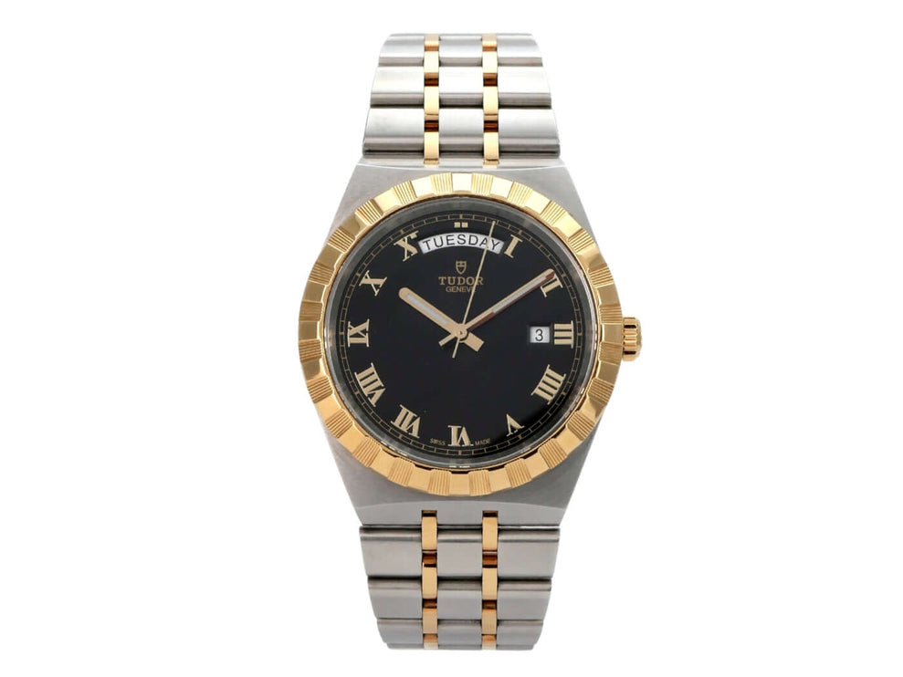 Tudor Royal Day-Date Ref. M28603-0003 Uhr mit schwarzem Zifferblatt und Gelbgold-Lünette, Edelstahl-Armband.