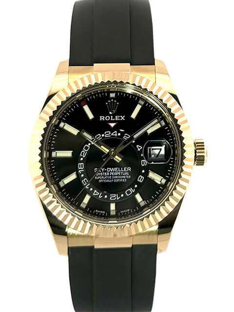 Rolex Sky-Dweller Gelbgold Ref. 326238 mit schwarzem Zifferblatt und Oysterflexband, 18 kt Gelbgold Gehäuse und geriffelte Lünette
