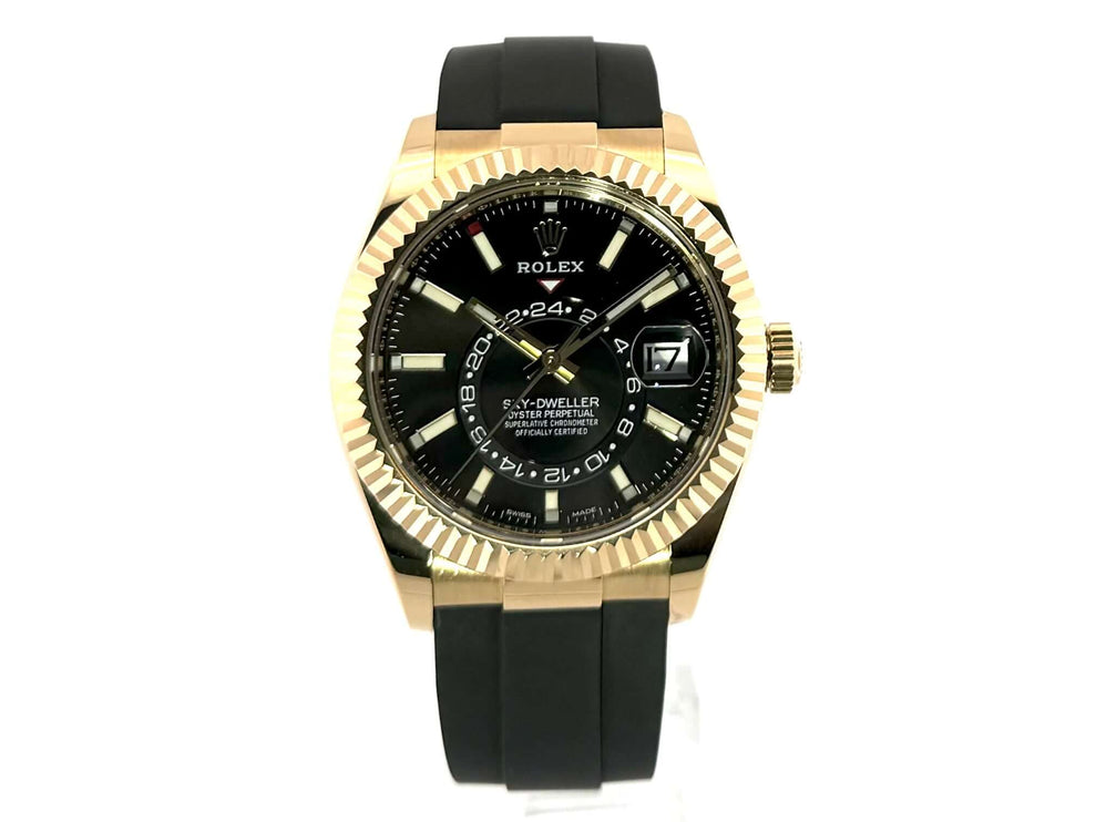 Rolex Sky-Dweller Uhr 326238 Gelbgold mit schwarzem Zifferblatt und schwarzem Oysterflexband, Luxus-Armbanduhr.