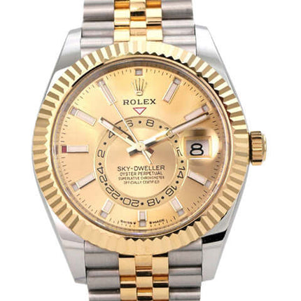 Rolex Sky-Dweller Edelstahl Gelbgold 336933 Champagner Jubile-Band mit poliertem Gehäuse und Jubile-Armband.