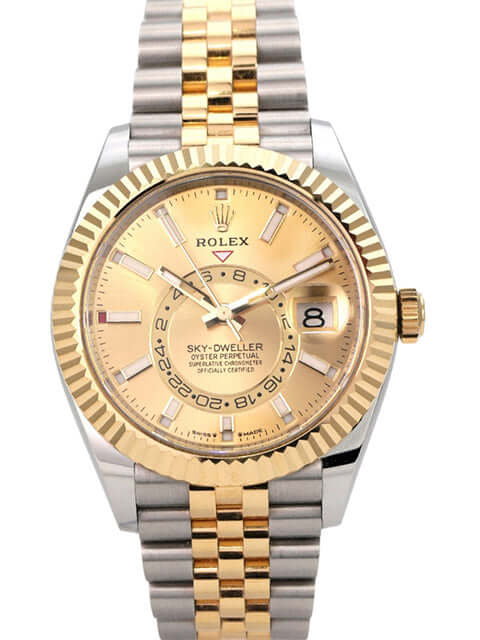 Rolex Sky-Dweller Edelstahl Gelbgold 336933 Champagner Jubile-Band mit poliertem Gehäuse und Jubile-Armband.