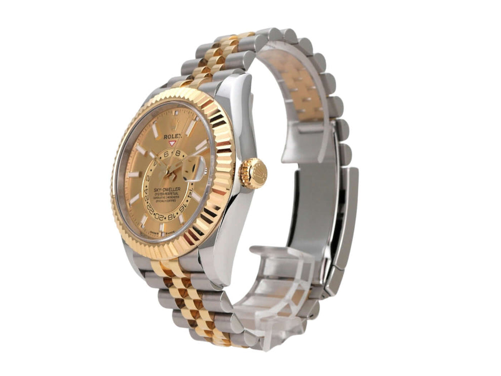 Rolex Sky-Dweller Edelstahl Gelbgold 336933 Champagner Jubile-Band seitliche Ansicht der Uhr