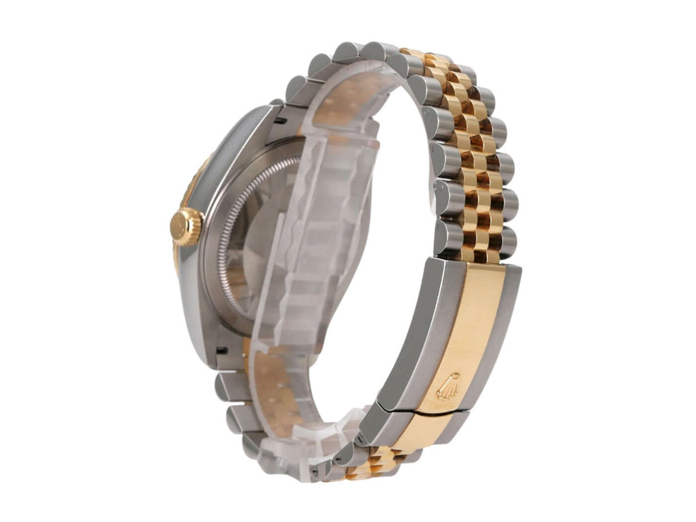 Rolex Sky-Dweller Edelstahl Gelbgold 336933 Champagner Jubile-Band seitliche Ansicht mit Armband und Gehäuse.