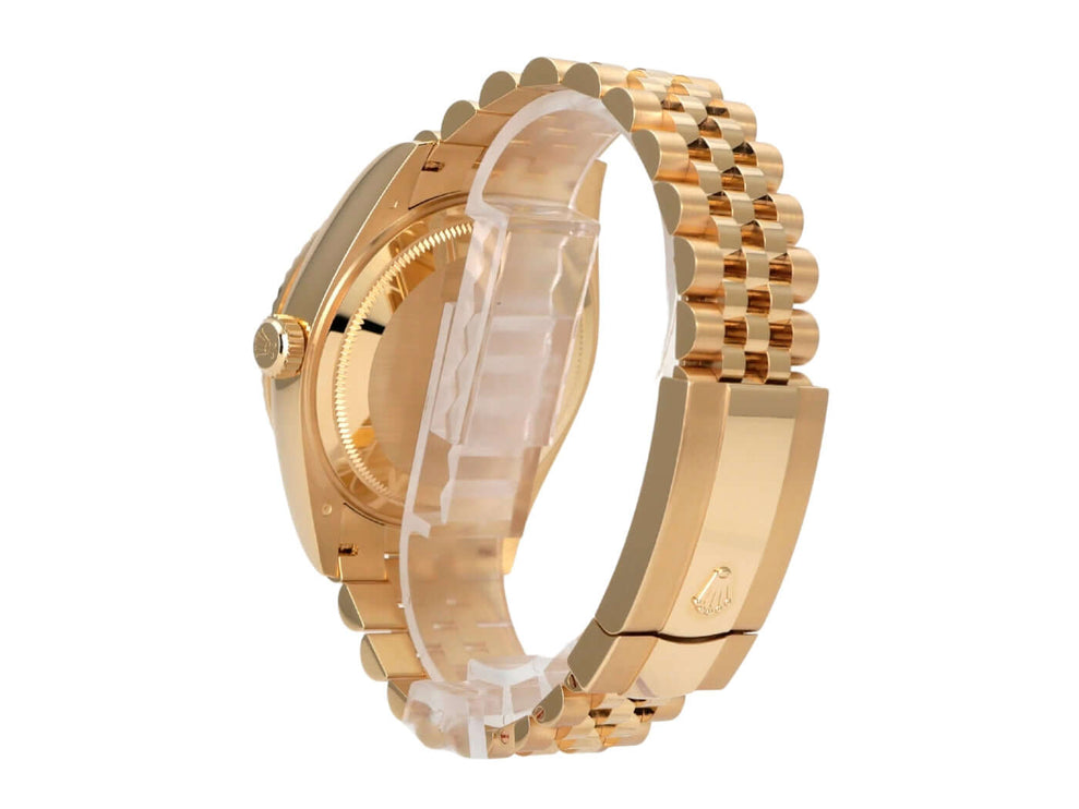 Rolex Sky-Dweller 336938 Gelbgold Grün Jubile-Band mit Gelbgold-Armband seitlich sichtbar.