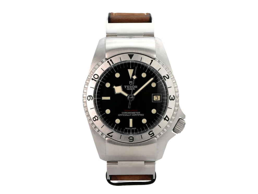 Tudor Black Bay P01 M70150-0001 Edelstahlarmbanduhr mit schwarzem Zifferblatt und braunem Lederband