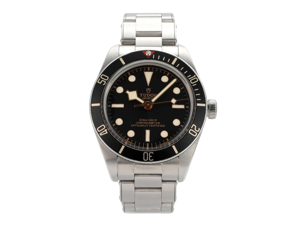 Tudor Heritage Black Bay 54 M79000N-0001 mit Edelstahl-Gehäuse, schwarzem Zifferblatt und drehbarer Lünette.