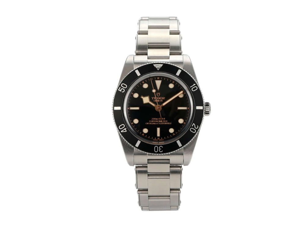 Tudor Heritage Black Bay 54 M79000N-0001 mit Edelstahlgehäuse, schwarzem Zifferblatt und Sicherheitsfaltschließe.
