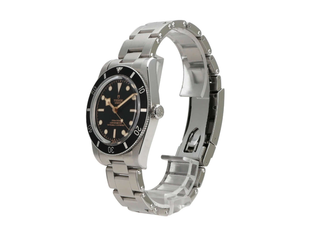 Tudor Heritage Black Bay 54 M79000N-0001 Edelstahl-Uhr mit schwarzem Zifferblatt und drehbarer Lünette.