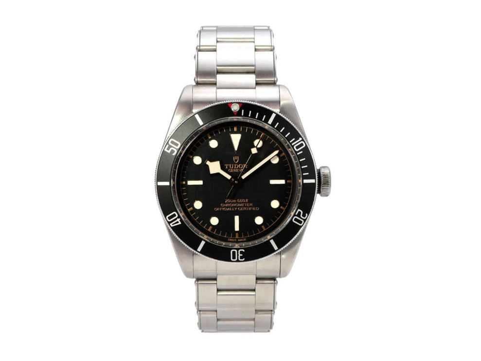 Tudor Heritage Black Bay 79230N-0009 mit Edelstahl-Gehäuse und schwarzem Zifferblatt, 41 mm Durchmesser.
