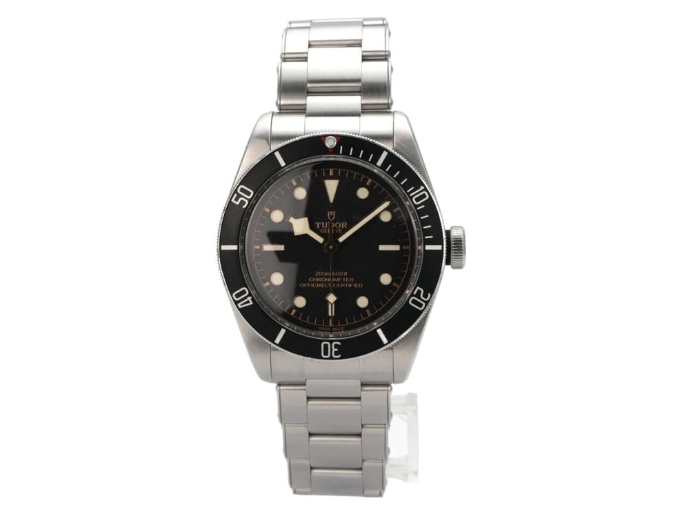 Tudor Heritage Black Bay M79230N-0009 Edelstahl-Uhr mit schwarzem Zifferblatt und Edelstahlband.