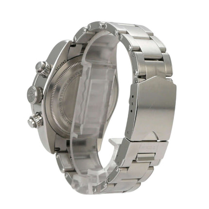 Tudor Black Bay Chrono M79360N-0002 Uhr, Edelstahl-Gehäuse, poliert und satiniert, elegante Rückansicht mit Armband.