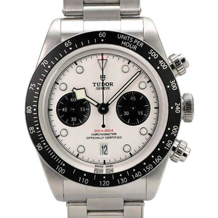 Tudor Black Bay Chrono M79360N-0012 mit weißem Zifferblatt, schwarzen Totalisatoren, Edelstahlarmband und Tachymeter-Lünette