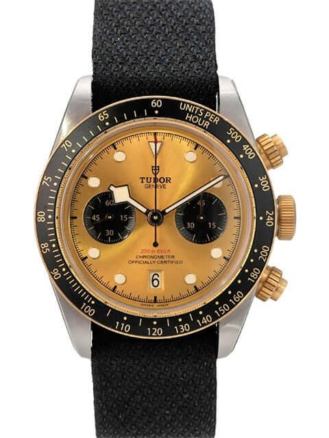 Tudor Black Bay Chrono Steel Gold Textilband M79363N-0003 mit schwarzem Textilband und goldenen Details.