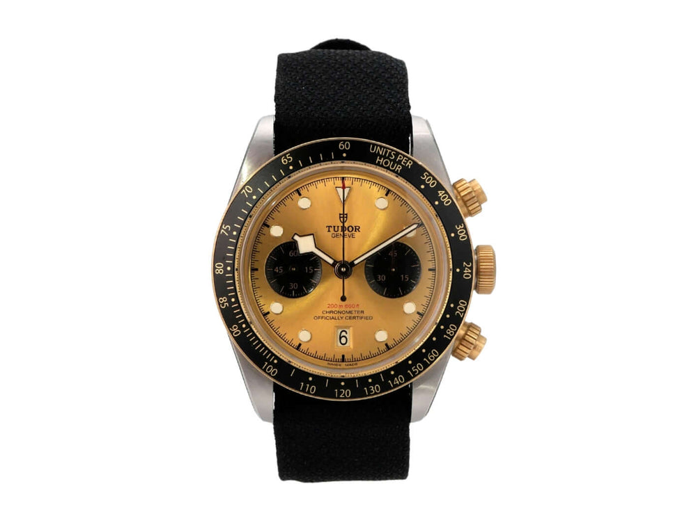 Tudor Black Bay Chrono Steel Gold Textilband M79363N-0003 mit schwarzem Textilband und goldfarbenem Zifferblatt