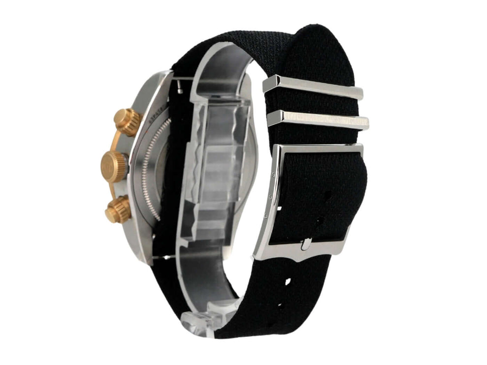 Tudor Black Bay Chrono Steel Gold Textilband M79363N-0003, Seitenansicht der Uhr mit schwarzem Textilband