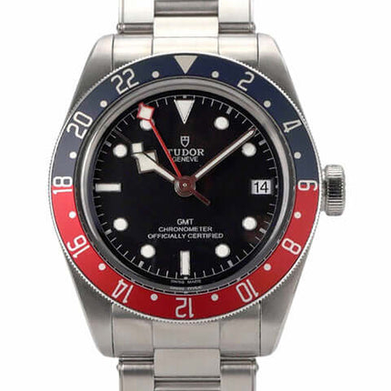 Edelstahl Tudor Black Bay GMT M79830RB-0001 Uhr mit blau-roter Lünette und schwarzem Zifferblatt, Edelstahlarmband, 2022 Modell.