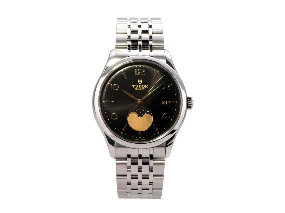 Tudor 1926 Luna Ref. M91560-0002 Uhr mit schwarzem Zifferblatt und Mondphase.