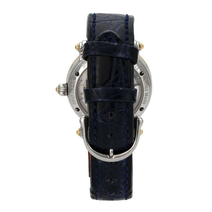 Maurice Lacroix Masterpiece Phase de Lune Dame MP6066-DY501-17G Rückansicht mit schwarzem Lederarmband und Edelstahlgehäuse.