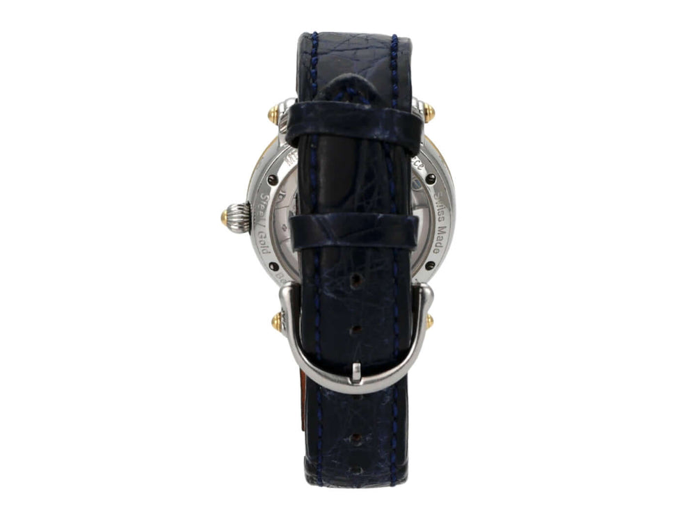 Maurice Lacroix Masterpiece Phase de Lune Dame MP6066-DY501-17G Rückansicht mit schwarzem Lederarmband und Edelstahlgehäuse.