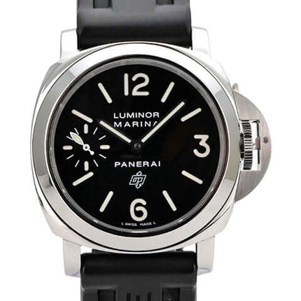 Panerai Luminor Marina Logo PAM00005 schwarze Herrenuhr mit Edelstahlgehäuse, schwarzem Kautschukband und schwarzem Zifferblatt