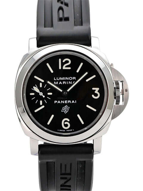 Panerai Luminor Marina Logo PAM00005 schwarze Herrenuhr mit Edelstahlgehäuse, schwarzem Kautschukband und schwarzem Zifferblatt