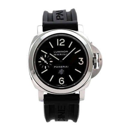 Panerai Luminor Marina Logo PAM00005 Herrenuhr aus Edelstahl mit schwarzem Zifferblatt und Kautschukband