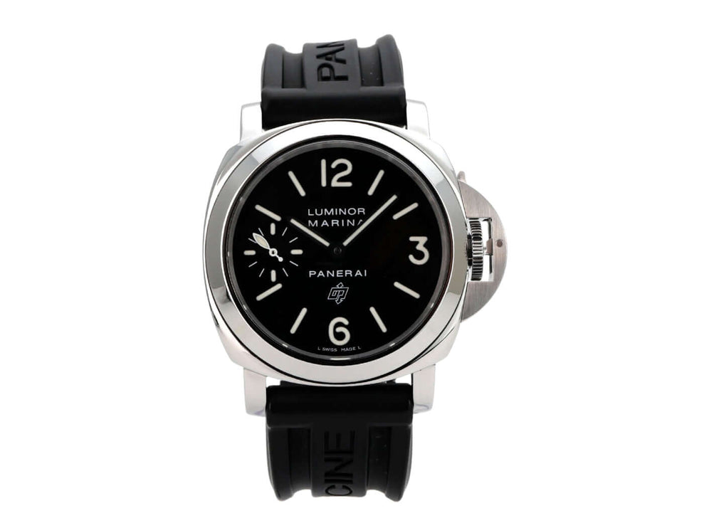 Panerai Luminor Marina Logo PAM00005 Herrenuhr aus Edelstahl mit schwarzem Zifferblatt und Kautschukband