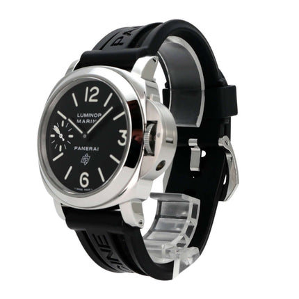 Panerai Luminor Marina Logo PAM00005 Edelstahl Uhr mit schwarzem Zifferblatt, Kautschukband und Handaufzug