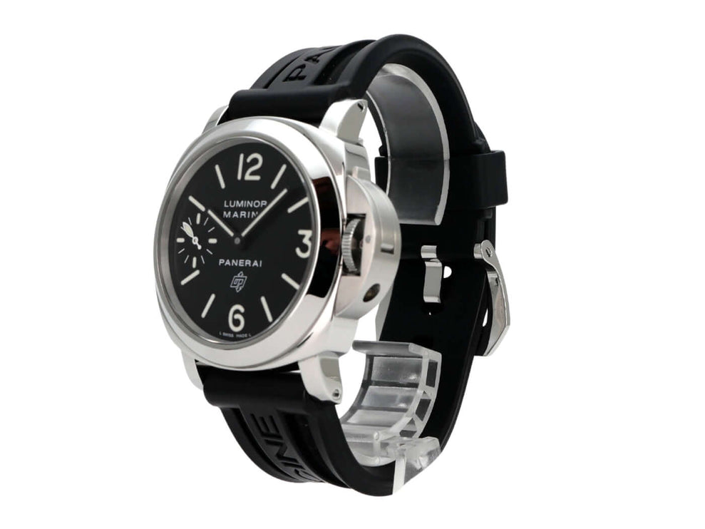 Panerai Luminor Marina Logo PAM00005 Edelstahl Uhr mit schwarzem Zifferblatt, Kautschukband und Handaufzug