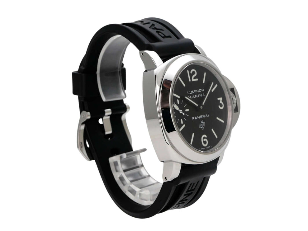 Panerai Luminor Marina Logo PAM00005 Luxusuhr aus Edelstahl mit schwarzem Kautschukband und schwarzem Zifferblatt