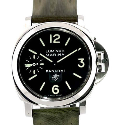 Panerai Luminor Marina Logo PAM00005 Uhr mit grünem Textilband, schwarzem Zifferblatt und poliertem Edelstahlgehäuse 44 mm