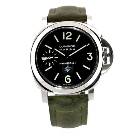 Panerai Luminor Marina Logo PAM00005 Edelstahlgehäuse, grünes Textilband, schwarzes Zifferblatt, Handaufzugswerk, Kronenschutzbrücke, Saphirglas