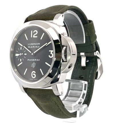 Panerai Luminor Marina Logo PAM00005 mit poliertem Edelstahlgehäuse, grünem Textilband und schwarzem Zifferblatt mit arabischen Ziffern