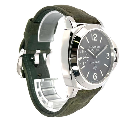 Panerai Luminor Marina Logo PAM00005 Uhr mit schwarzem Zifferblatt, grünem Textilband und poliertem Edelstahlgehäuse
