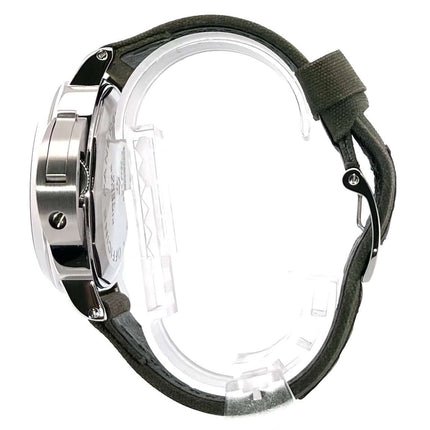 Seitenansicht der Panerai Luminor Marina Logo PAM00005 mit poliertem Edelstahlgehäuse und grünem Textilband