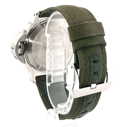 Rückansicht der Panerai Luminor Marina Logo PAM00005 mit grünem Textilband und Edelstahl-Dornschließe