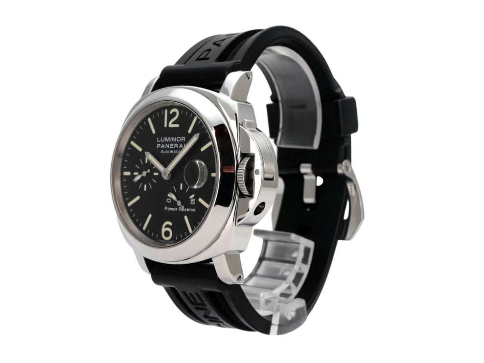 Panerai Luminor Power Reserve 44 mm PAM00090 mit schwarzem Zifferblatt und Kautschukband, chronometerzertifiziert.