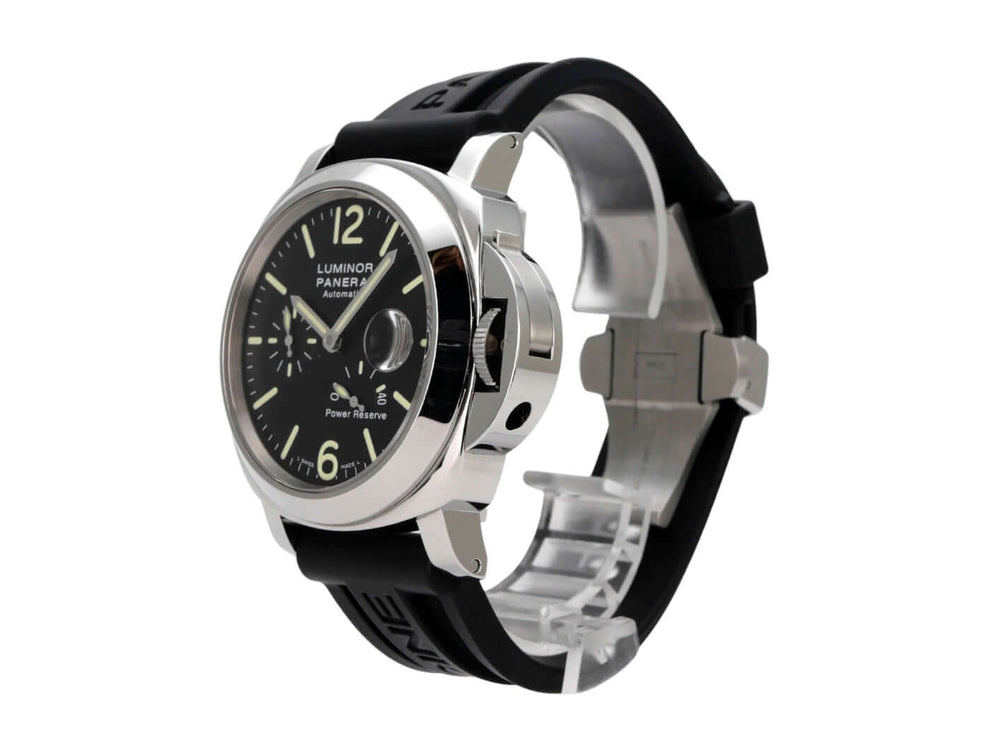 Panerai Luminor Power Reserve 44 mm PAM00090 mit schwarzem Kautschukband und poliertem Edelstahlgehäuse.