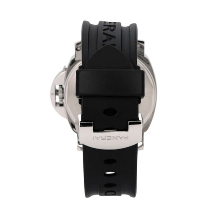 Rückansicht der Panerai Luminor Power Reserve 44 mm PAM00090 mit schwarzem Kautschukband und Faltschließe.