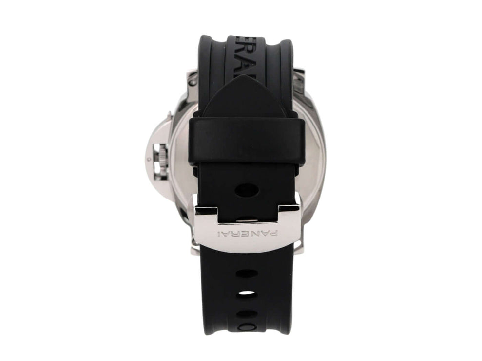 Rückansicht der Panerai Luminor Power Reserve 44 mm PAM00090 mit schwarzem Kautschukband und Faltschließe.