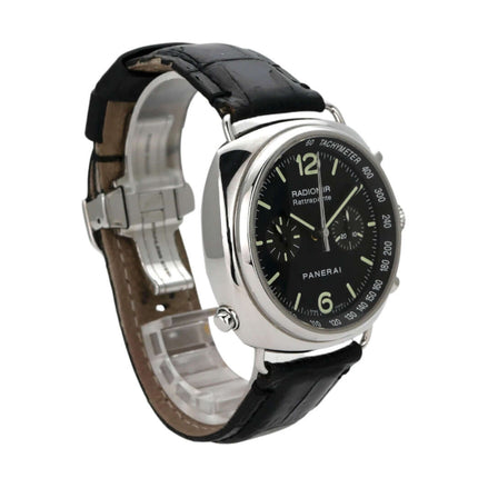 Panerai Radiomir Rattrapante PAM00214 mit schwarzem Lederarmband und poliertem Edelstahlgehäuse, schwarzes Zifferblatt.
