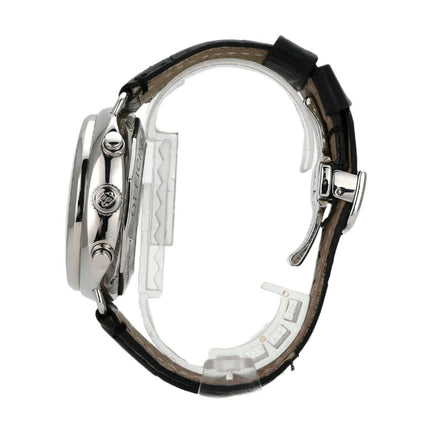 Panerai Radiomir Rattrapante PAM00214, poliertes Edelstahlgehäuse, schwarzes Lederband, seitliche Ansicht der Uhr.