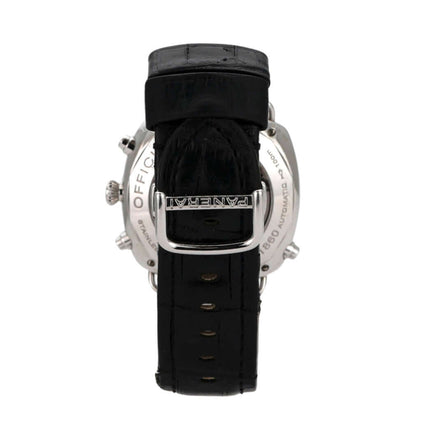 Panerai Radiomir Rattrapante PAM00214 Uhr mit schwarzem Lederband und Edelstahl-Dornschließe.