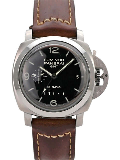 Panerai Luminor 1950 GMT 10 Days PAM00270 Edelstahl Uhr mit braunem Alligatorlederarmband und schwarzem Zifferblatt.