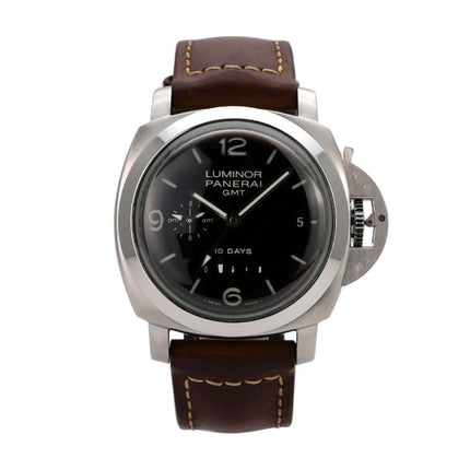 Panerai Luminor 1950 GMT 10 Days PAM00270, Edelstahlgehäuse, braunes Alligatorlederarmband und schwarzes Zifferblatt.